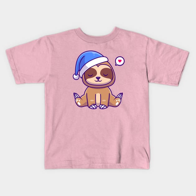 Cute Sloth Winter With Beanie Hat Cartoon Kids T-Shirt by Catalyst Labs